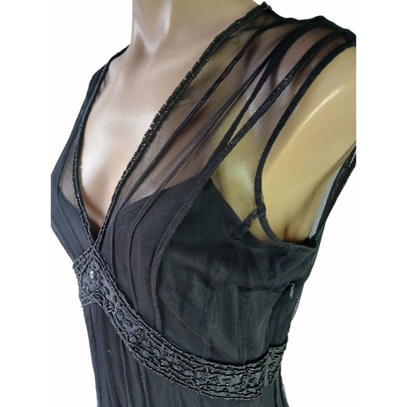 ECI New York Black Mesh Evening Dress Beaded Waist Size 4 Illusion Empire  Lined - Picture 2 of 15